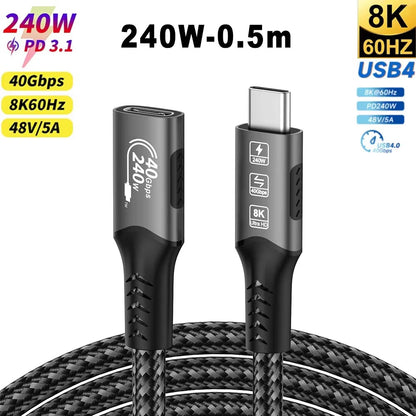 USB4 Cable 40Gbps 240W Thunderbolt 4 Type C Fast Charging Cable