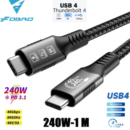 USB4 Cable 40Gbps 240W Thunderbolt 4 Type C Fast Charging Cable