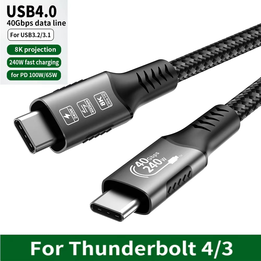 USB4 Cable 40Gbps 240W Thunderbolt 4 Type C Fast Charging Cable