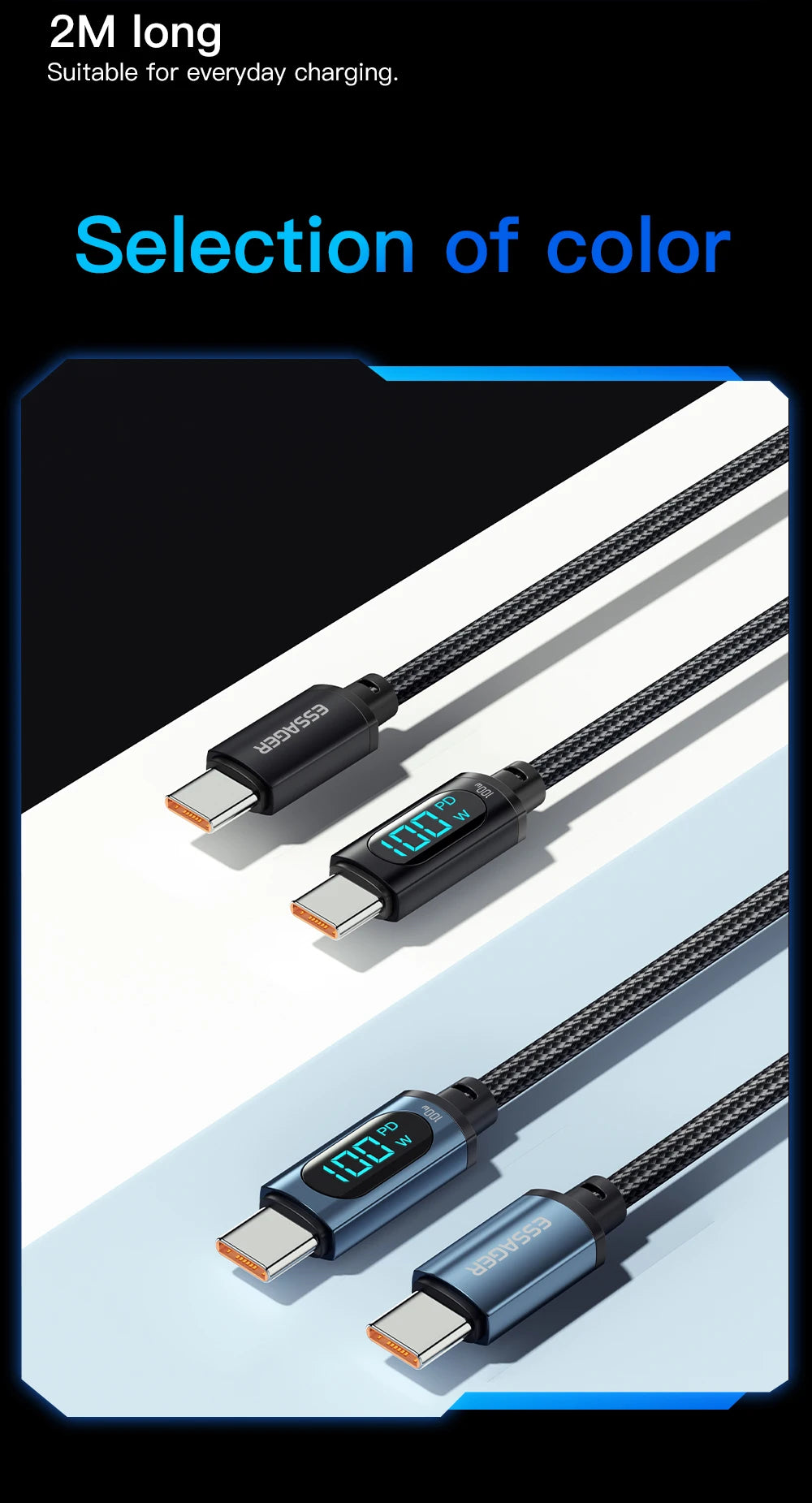 كابل شحن سريع 100 وات من USB-C إلى USB-C مع شاشة 