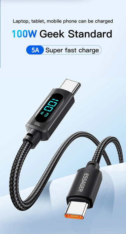 كابل شحن سريع 100 وات من USB-C إلى USB-C مع شاشة 