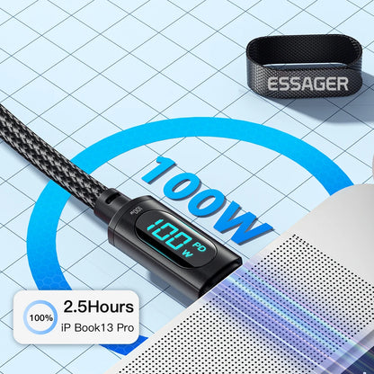 كابل شحن سريع 100 وات من USB-C إلى USB-C مع شاشة 