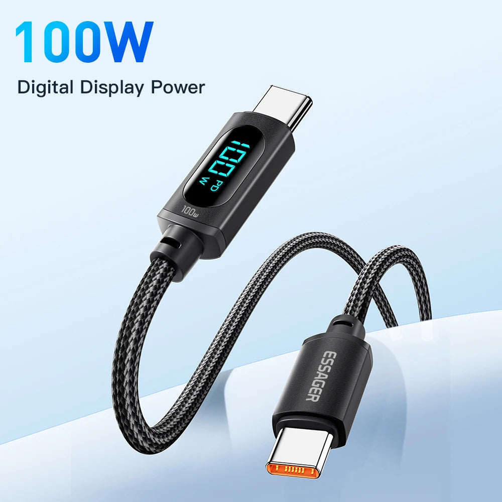 كابل شحن سريع 100 وات من USB-C إلى USB-C مع شاشة 