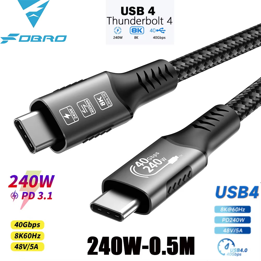 USB4 Cable 40Gbps 240W Thunderbolt 4 Type C Fast Charging Cable