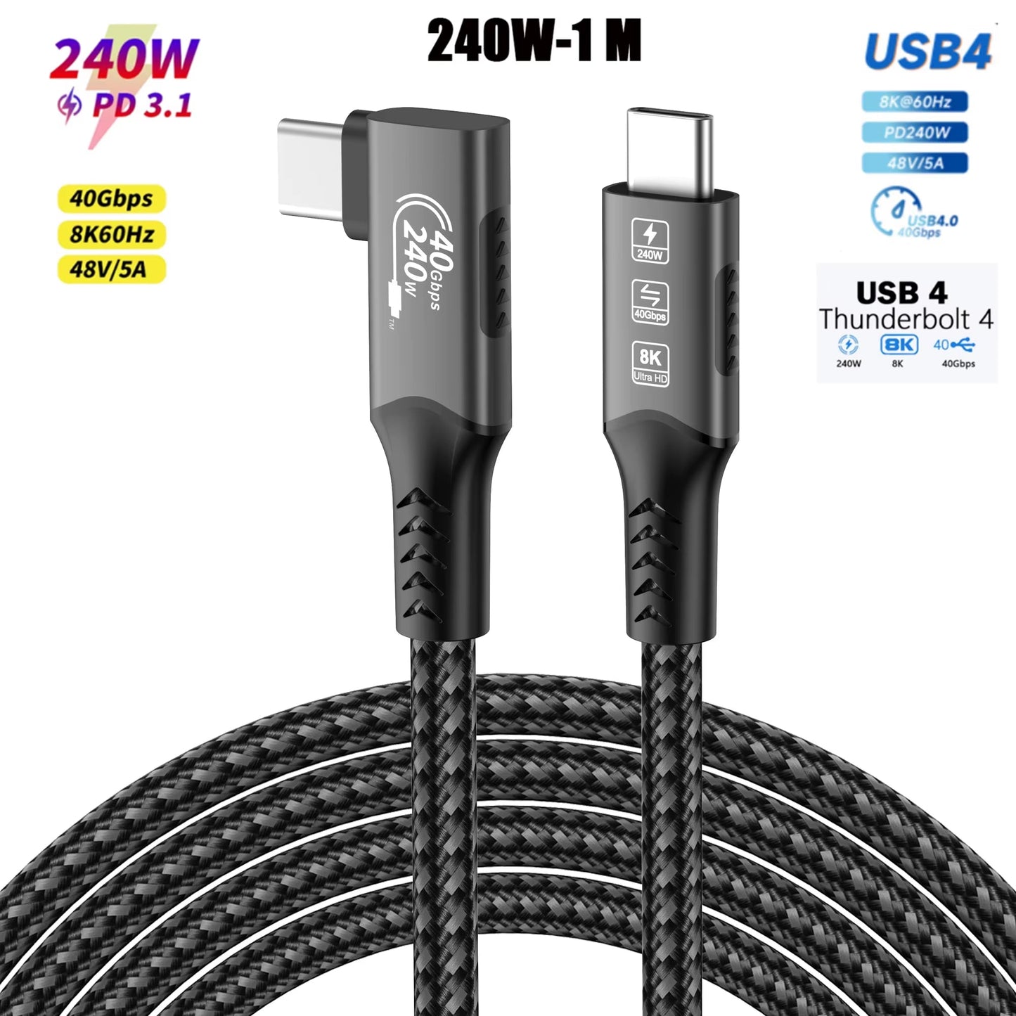 USB4 Cable 40Gbps 240W Thunderbolt 4 Type C Fast Charging Cable